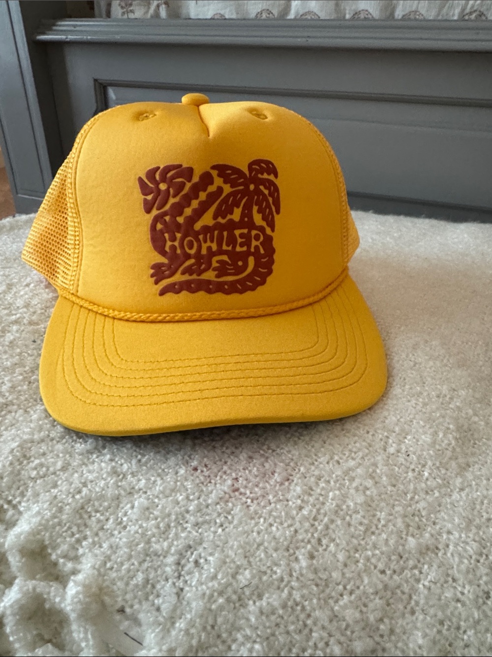 Howler Brothers Yellow Unisex Trucker Hat with Maroon Palm Graphic